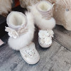 雪地靴冬季狐狸毛珠光(毛，珠光)白色中筒水钻立体花朵蝴蝶加厚保暖防滑