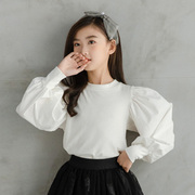 韩国2023春季圆领长袖上衣中大女童设计感白色泡泡袖灯笼袖t恤衫