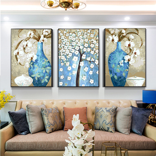 美式花瓶DIY填色数字油画客厅卧室装饰画三拼三联花卉油彩画