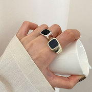 韩版S925银创意黑色方形戒指女复古时尚夸张开口指环嘻哈食指戒潮