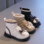 女童短靴2023冬季时尚蝴蝶结加绒马丁靴女孩洋气公主保暖皮靴