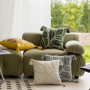 簇绒绣抱枕摩洛哥风格棉帆布靠枕现代简约沙发抱枕绿色绣花抱枕套