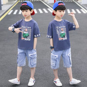 男童夏装2022韩版男孩帅洋气纯棉衣服，短袖网红潮中大儿童套装
