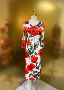 欧美时尚气质女神19姆米真丝白底红花修身长袖连衣裙高品质