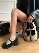 黑色玛丽珍小皮鞋女鞋子，2024年春季粗跟pu圆头浅口乐福单鞋