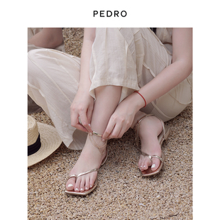 pedro金色夹趾凉鞋，24春季金属链，方头平底度假风凉鞋pw1-66680055