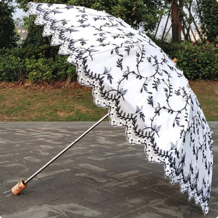 复古典二折黑胶，绣花伞防紫外线防晒遮阳太阳伞，晴雨伞蕾丝洋伞白色