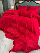 高档160支长绒棉结婚四件套大红色床单被套刺绣喜被婚庆床上用品