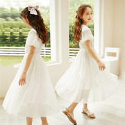 女童连衣裙夏季儿童超仙白色公主裙中大童短袖欧根纱长裙女孩裙子