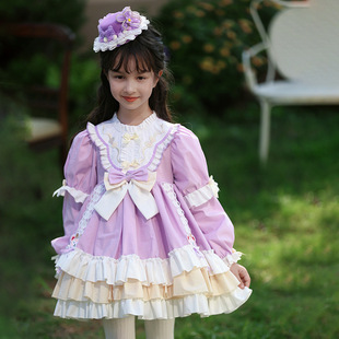 春秋季女童装洛丽塔公主裙长袖蛋糕蓬蓬裙子紫色漂亮连衣裙