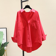 红色衬衫女外套2024春季韩版宽松双口袋长袖衬衣开衫外穿上衣
