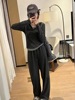 韩版休闲慵懒套装女2023秋季灰色，显瘦长袖t恤+吊带+阔腿裤三件套