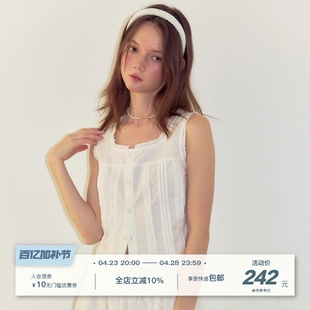 yawhat白色蕾丝花边压褶方领打揽无袖短款衬衫背心纯棉小衫上衣夏