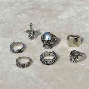 日韩潮人复古银戒指气质简约创意骷颅头指环，夸张开口男女食指戒指