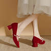 方头结婚鞋子红色中式秀禾服婚鞋，新娘粗跟绒面单鞋，女不累脚中低跟