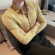 男士长袖衬衫韩版弹力，修身黄色衬衣潮男纯白色免烫，西装内搭打底衫