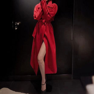 高端轻奢红色大衣外套名媛气质慵懒风西装领廓形长款风衣女