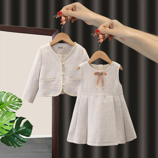 女童套装宝宝春季洋气韩版婴儿春秋套裙儿童小香风两件套格子