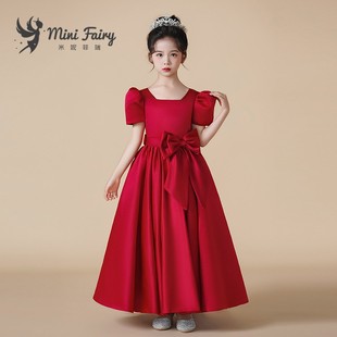 2024儿童缎面钢琴表演出服女童，红色生日公主，裙绑带礼服泡泡袖