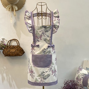 紫色花围裙防污女韩版时尚工作厨房日系防水做饭罩衣打扫卫生