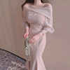 韩国chic早春优雅气质扭结一字，领吊带露肩泡泡袖长款鱼尾连衣裙女