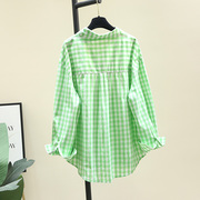 绿色小格子衬衫，女2024春季韩版小清新宽松休闲棉，衬衣别致上衣