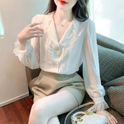 春装法式浪漫精致蕾丝白色雪纺衬衫，女设计感小众，泡泡袖娃娃领上衣