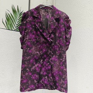 港风复古紫色印花泡泡袖雪纺，上衣夏小众(夏小众)法式气质宽松v领短袖衬衫