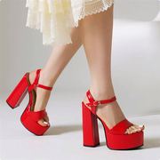 夏季超高跟鞋女鞋镜面红金色彩色漆皮鞋，晚宴会演出时装模特鞋