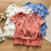 日本原单甜美(单甜美)森女潮夏季女士蕾丝短袖，衬衫圆领娃娃双层雪纺衫上衣