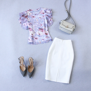 夏季紫色雪纺薄款短袖小衫衬衫上衣+白包臀西装半裙套装