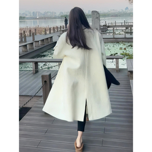 白色双面棉绒大衣女，中长款2023秋冬气质，高级感西装小个子毛呢外套