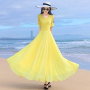 2023夏季黄色雪纺连衣裙长款修身显瘦大摆裙子沙滩长裙飘逸女