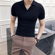 黑色v领t恤男短袖，polo男英伦雅痞男装夏装，韩版潮流紧身上衣半袖衫