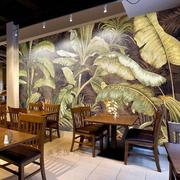 手绘东南亚热带树林植物壁纸芭蕉叶，油画餐厅壁画客厅卧室背景墙纸