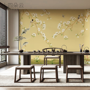 中式古典玉兰花鸟定制壁画，卧室无纺布壁纸，墙布客厅电视背景墙纸画