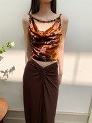 萦梦新中式设计复古真丝绒吊带+扭结褶皱A字半身裙修身弹力连衣裙