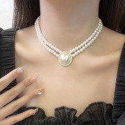 复古法式双层珍珠项链女高级感气质串珠锁骨链2023潮短款项链