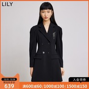 lily2022春女装复古泡泡，袖气质双排，扣收腰显瘦黑色西装连衣裙