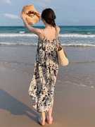 2024夏季慵懒度假风海滩时尚水墨画碎花连衣裙气质宽松无袖裙