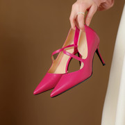 真皮玫红色优雅气质t型，带淑女高级单鞋子(单鞋子)2024春季浅口高跟鞋女士