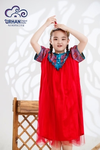 suunai.wrh夏季儿童女童童装纱裙公主，裙短袖蓬蓬，红色民族风洋气