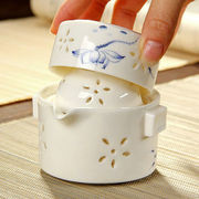 玲珑镂空陶瓷快客杯壶，便携旅行茶具套装青花瓷，随身茶壶手抓壶户外