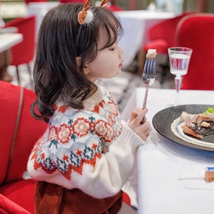 女童拜年服红色毛衣2023冬季韩版女宝加绒加厚保暖针织打底衫