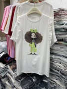 韩版卡通女孩印花木耳边后背蕾丝拼接短袖T恤2024夏季女上衣