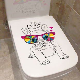 马桶盖贴纸防水卫生间卡通创意酷狗个性，坐便器提盖水箱自粘可移除