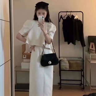 韩国东大门ninesquared泡泡，袖短款上衣时髦高腰裙套装