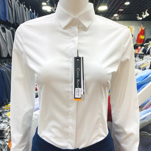 女士白衬衫长袖修身弹力免烫，竹纤维上班面试职业装，工作服白色衬衣
