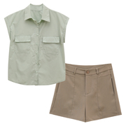 韩版薄荷绿短袖衬衫女夏季2023设计感POLO领宽松口袋百搭上衣