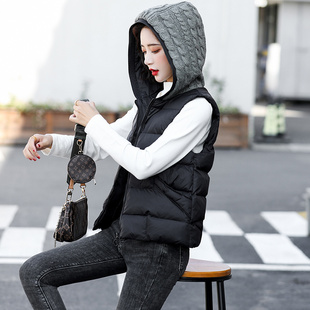 韩版冬装时尚针织毛线拼接连帽大口袋显瘦小个子无袖棉衣马甲